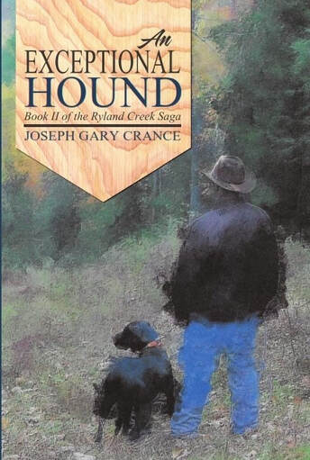 Picture of a book cover, titled An Exceptional Hound, showing a man looking away, in a forest setting, jeans, short brown jacket and brown fedora. To his left, there is a large black dog, looking as if he's seen something.